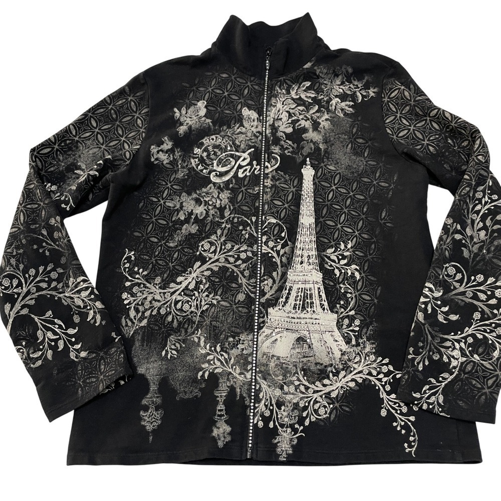 Jess & Jane Graphic AOP Zip Up Jacket L Black Whimsigoth Boho Grunge Rhinestone